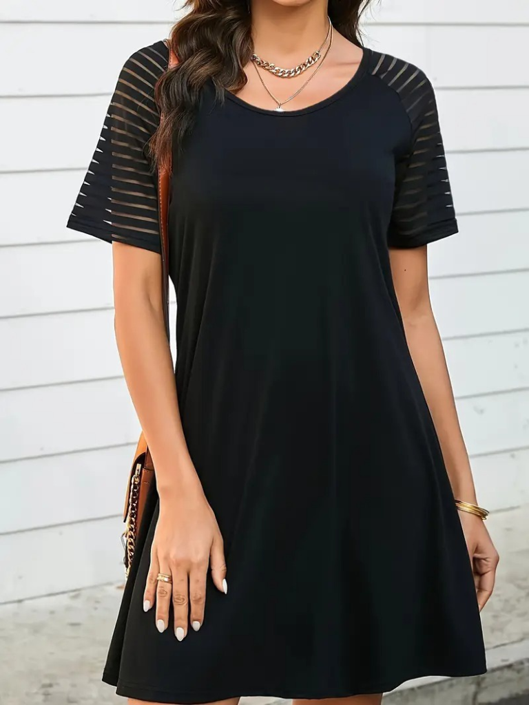 Kadın Kısa Kollu Yuvarlak Yaka şerit Kol Detaylı Viskon Elbise