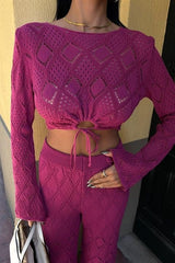 Göğüs Bağcık Detaylı Ajurlu Bluz Pantolon Takım 10098