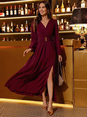 Kadın Uzun Kollu Kruvaze Yaka Beli Kemerli Yırtmaçlı Uzun Ithal Krep Elbise