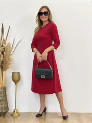 Kadın Uzun Truvakar Kol Bisiklet Yaka Midi Modal Elbise