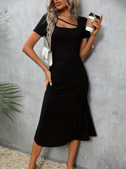 Kadın Kısa Kollu Kare Yakalı Ip Detaylı Janjan Krep Elbise