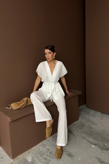 KETEN V YAKA BELDEN BAĞLAMALI BLUZ-PANTOLON TAKIM - Beyaz