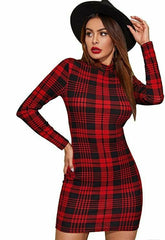 Kadın Uzun Kollu Yarım Balıkçı Yaka Ekose Desen Mini Dalgıç Elbise
