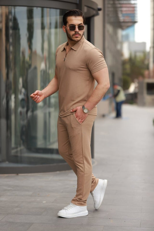 Erkek Yakalı Fermuarlı T-shirt Pantolon Ikili Rahat Takım