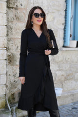 Krep Kumaş Midi Boy Kuşaklı Uzunkol Elbise 113 Cm