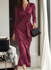 Kadın Uzun Kollu Kruvaze Yakalı Beli Kuşaklı Uzun Saten Elbise