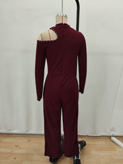 Kadın Tek Omuzdan Açık Balıkçı Yaka Taş Detaylı Uzun Ithal Krep Tulum