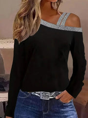 Kadın Uzun Kollu Omuzdan Askılı Sim Detaylı Viskon Iki Iplik Bluz