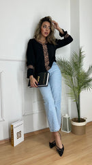 Kadın Uzun Kollu V Yakalı Leopar Detaylı Krep Bluz