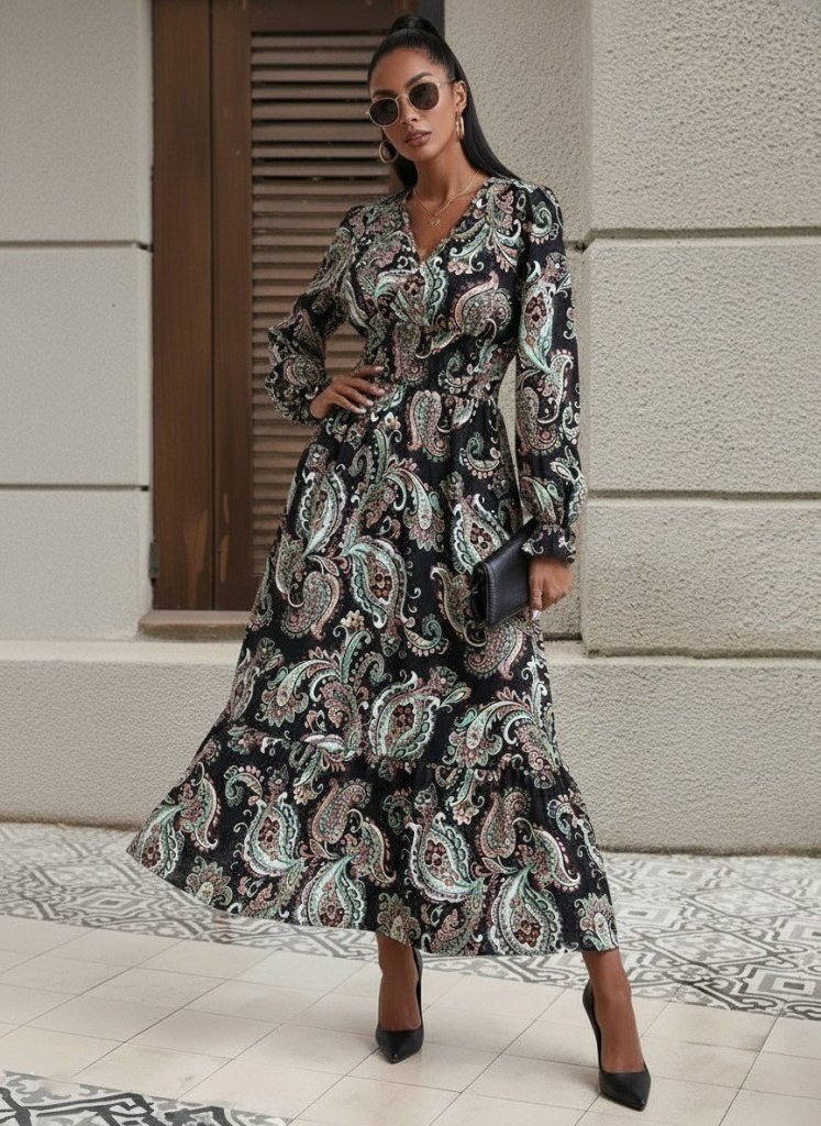 Kadın Uzun Kollu Kruvaze Yaka Beli Lastikli Uzun Desenli Maxi Elbise