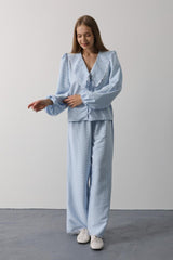 İşlemeli Bebe Yakalı Pantolon Takım - Taş