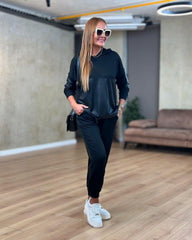 Kadın Uzun Kollu Kapşonlu Viskon Iki Iplik Bluz Ve Pantolon Ikili Takım