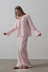 Çzgili Bağlamalı Pantolon Takım - Mavi