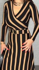 Kadın Uzun Kollu Kruvaze Yaka Kemer Dahil çizgili Triko Elbise