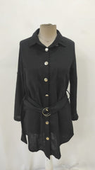 Kadın Uzun Kollu Yakalı önden Düğmeli Beli Kuşaklı Mini Ithal Keten Elbise