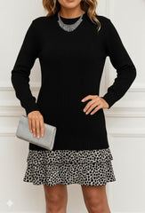 Kadın Uzun Kollu üst şardonlu Kaşkorse Alt Süprem Desenli Elbise