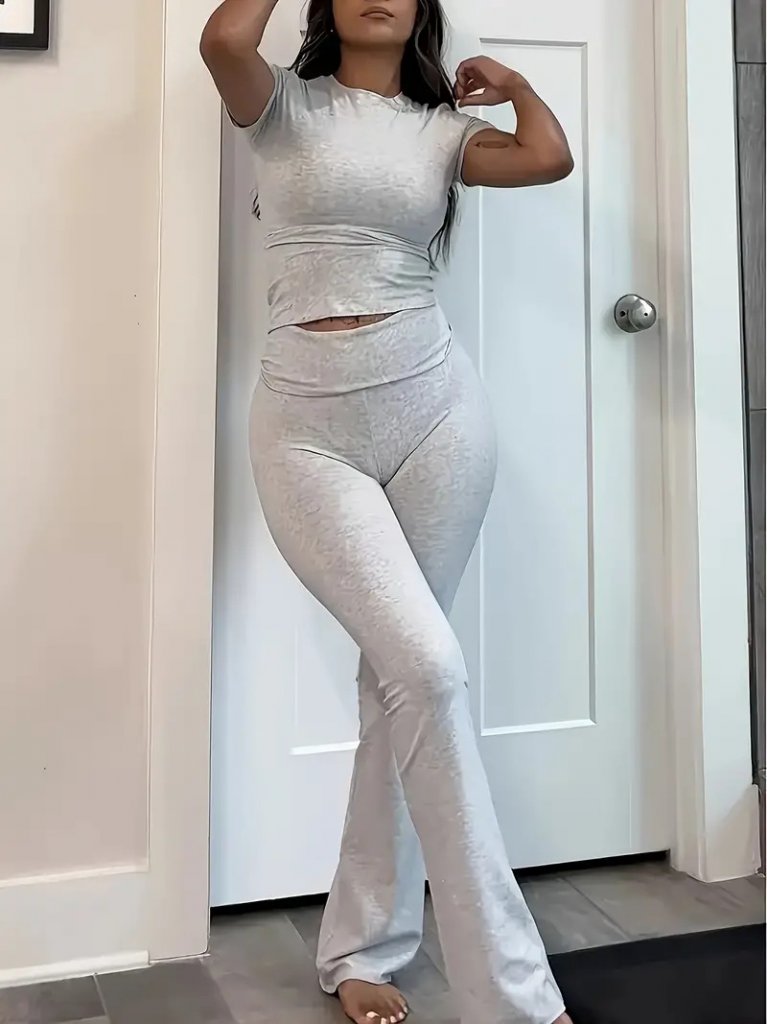 Kadın Kısa Kollu Bisiklet Yaka Alt Ispanyol Paça Viskon Ikili Takım