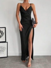 Kadın Askılı Kruvaze Yaka Derin Yırtmaçlı Krep Elbise