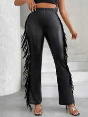 Kadın Yüksek Bel Yanlardan Püsküllü Deri Pantolon