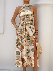 Kadın Omuzlardan Açık Halter Yakalı Yırtmaçlı çiçek Desenli Süprem Elbise