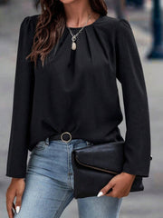 Kadın Uzun Kollu Yuvarlak önden Pileli Ithal Krep Bluz