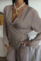 Kruvaze Model Klasik Pantolonlu Çupra Keten Takım 10191