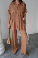 KETEN BELDEN BÜZGÜ DETAYLI GÖMLEK - PANTOLON TAKIM - Bej