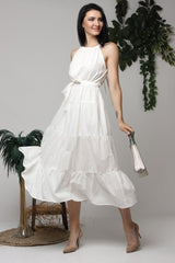 Ekru Halter Yakalı Kuşaklı Elbise