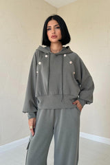 Bej Kapüşonlu Sweatshirt Ve Kargo Pantolon Takım