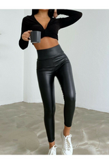 Yüksek Bel Toparlayıcı İçi Şardonlu Deri Tayt