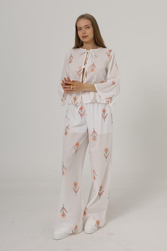 İşlemeli Oversize Pantolon - Beyaz