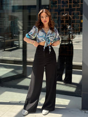 Kadın Yüksek Bel Geniş Paça Detaylı Cepli Ithal Krep Pantolon