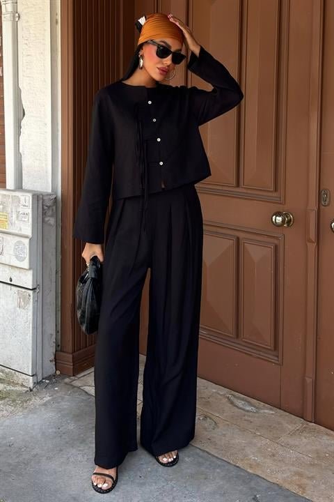 Önü İnce Kordon Detaylı Ve Double Paça Pantolonlu Takım 10180