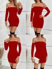 Kadın Uzun Kollu Omuzlardan Açık Takma Kollu Büzgülü Sandy Kısa Elbise