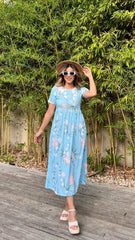 Kadın Kısa Kollu çiçek Baskı Midi Boy Süprem Elbise