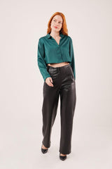 Saten Crop Model Kırmızı Gömlek
