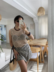 Kadın Askılı Yuvarlak Yaka Geometrik Desenli Triko Bluz