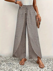 Kadın Yüksek Bel Lastikli önden Iki Parçalı Desenli Bürümcük Pantolon