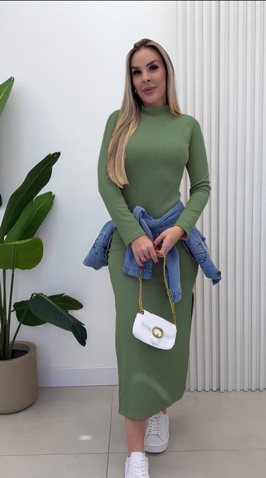 Kadın Uzun Kollu Balıkçı Yakalı Yanlardan Yırtmaçlı Kaşkorse Maxi Elbise