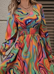 Kadın Uzun Kollu V Yakalı Desenli Maxi Süprem Elbise