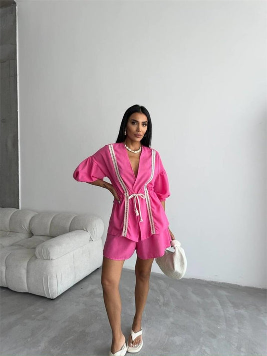 KETEN BEL BÜZGÜLÜ BLUZ-PANTOLON TAKIM - Fuşya