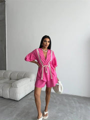 KETEN BEL BÜZGÜLÜ BLUZ-PANTOLON TAKIM - Fuşya