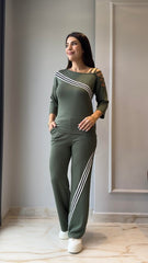 Kadın Uzun Kollu Truvakar Kol Tek Omuz çapraz şerit Detaylı Ribanalı Viskon Iki Iplik Bluz Ve Pantolon Ikili Takım