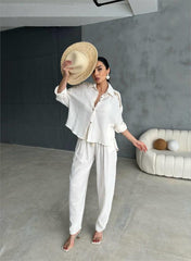 OMUZ SAÇAK DENİZ KABUĞU GÖMLEK - PANTOLON TAKIM - Bej