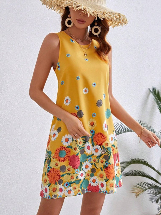 Kadın Sıfır Kollu Bisiklet Yaka çiçek Desenli Süprem Mini Elbise