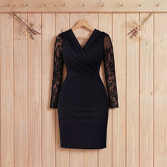 Kadın uzun kollu kruvaze yaka kollar tül detay ithal krep mini boy elbise