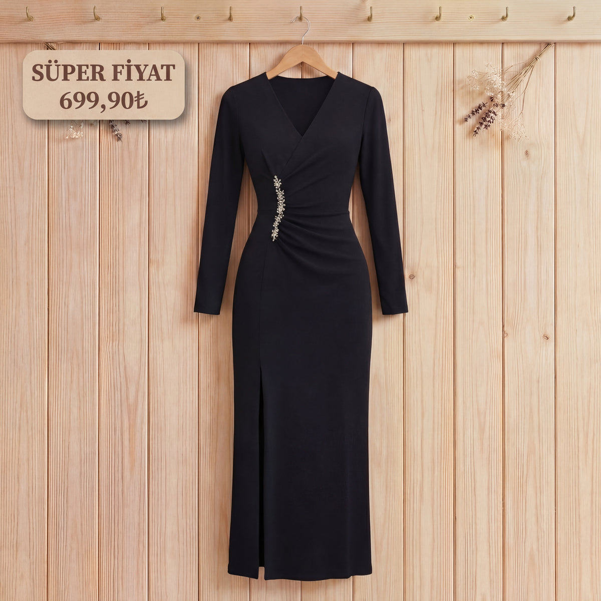 Kadın uzun kollu kruvaze yakalı yanları taşlı yırtmaçlı uzun ithal krep elbise