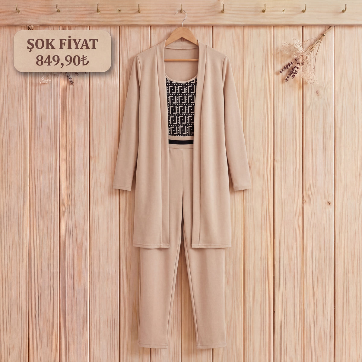 Kadın uzun kollu krep üçlü takım